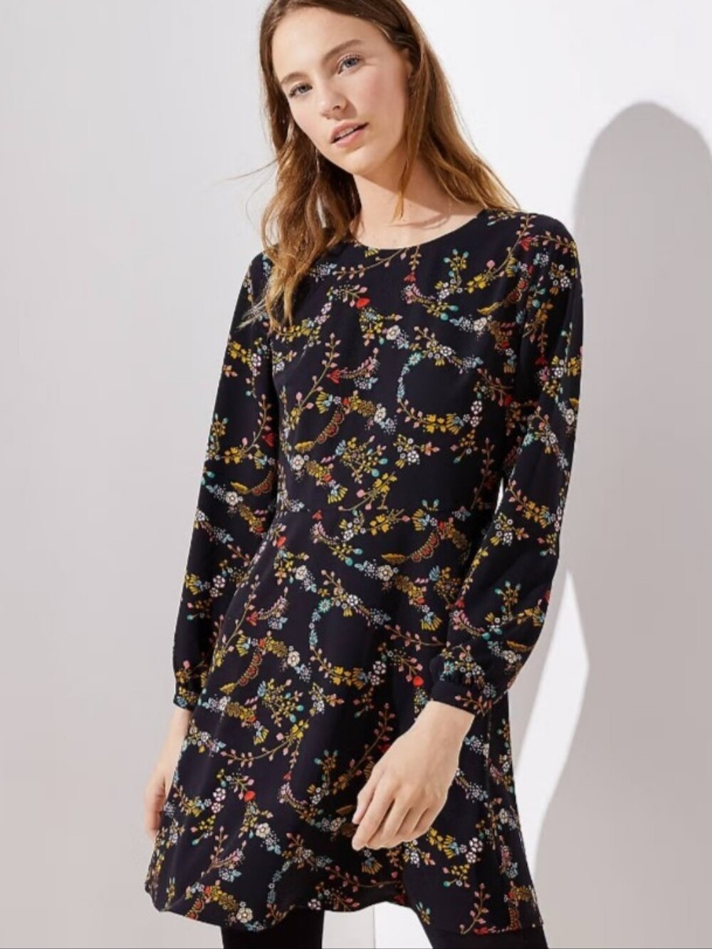 Loft black long sleeve dress with a delicate multi-color floral pattern.